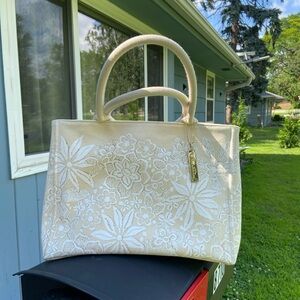 Oscar De La Renta Elegant Cream Floral Tote Bag